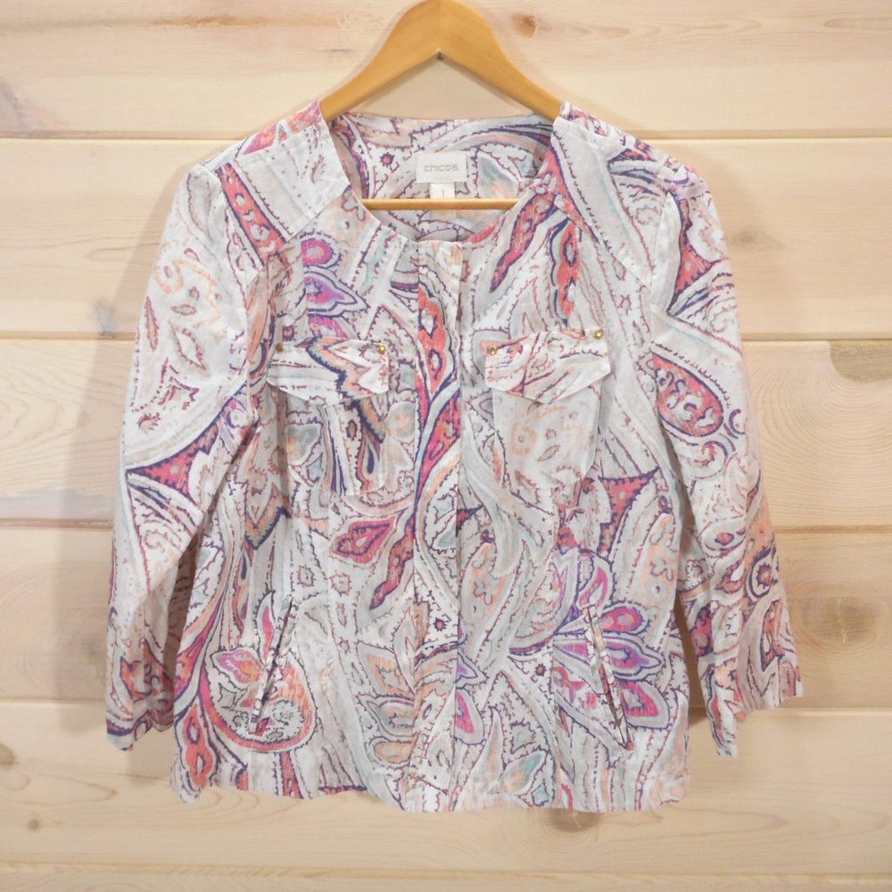 Chico's size 1 Women's M Full Zip 100% Linen Jacket 3/4 Length Sleeve Pockets